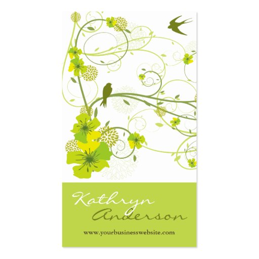 Elegant Green Hibiscus Floral Swirl Swallows Birds Business Card Templates (front side)