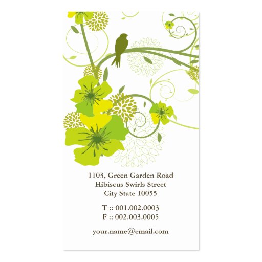 Elegant Green Hibiscus Floral Swirl Swallows Birds Business Card Templates (back side)