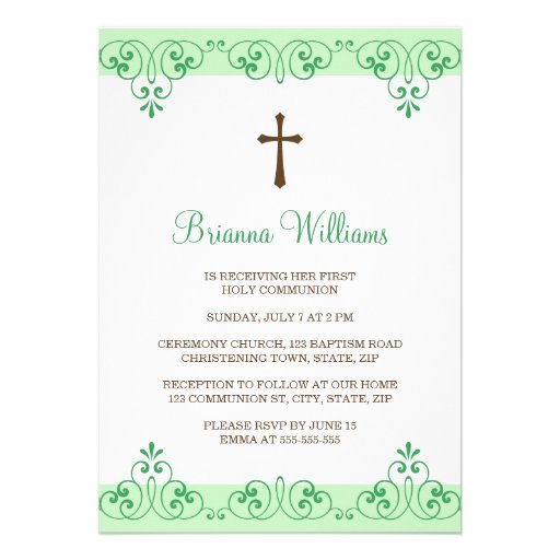 Elegant green lace damask first communion invite