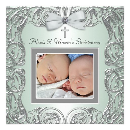 Elegant Green Twins Photo Christening Invitations