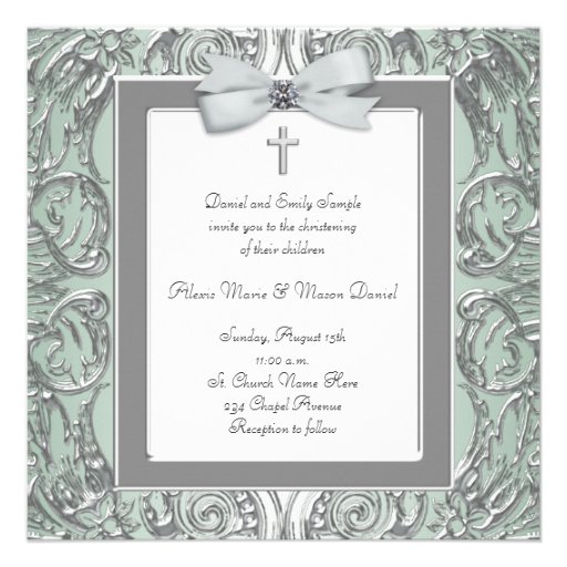 Elegant Green Twins Photo Christening Invitations
