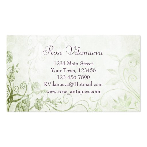 Elegant Green Vintage Flower Shop Business Card Template (back side)