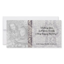 elegant grey and ivory ornate damask pattern customized photo card