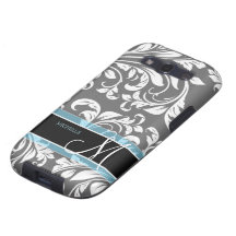 Elegant Grey and white floral damask w/ monogram Galaxy S3 Cases