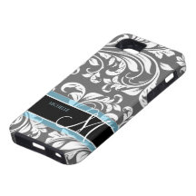 Elegant Grey and white floral damask w/ monogram iPhone 5 Case