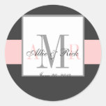 Elegant Grey Pink Three Monogram Wedding Seal Round Sticker