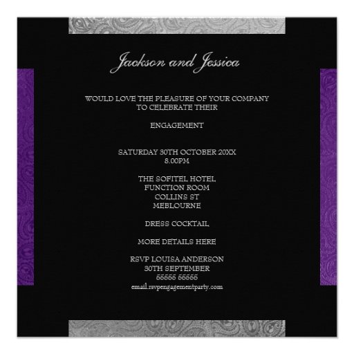 Elegant Grey Purple Paisley Engagement Party Personalized Announcement