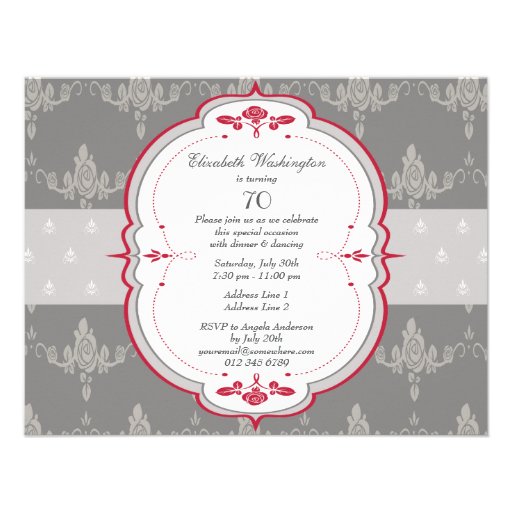 Elegant Grey & Red Roses 70th Birthday Custom Invites
