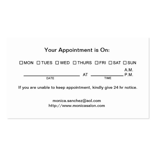 Elegant Hair Salon w/ Appointment Date Business Cards (back side)