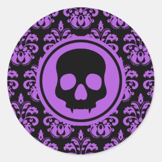 Elegant Halloween skull on damask black and purple Round Sticker