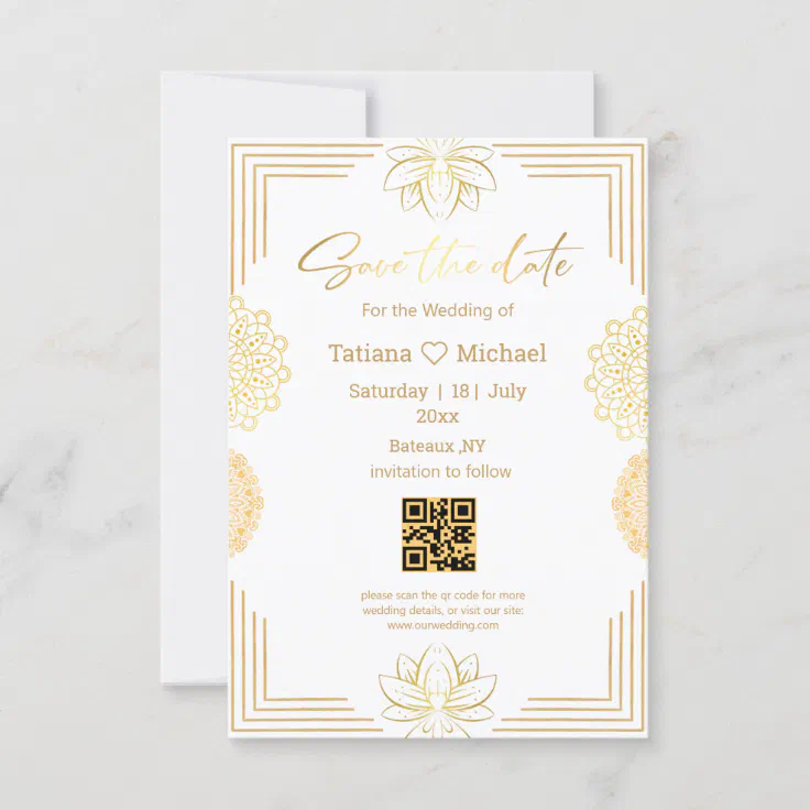 Elegant Handwriting Indian Gold Geometric Qr Code Save The Date Zazzle