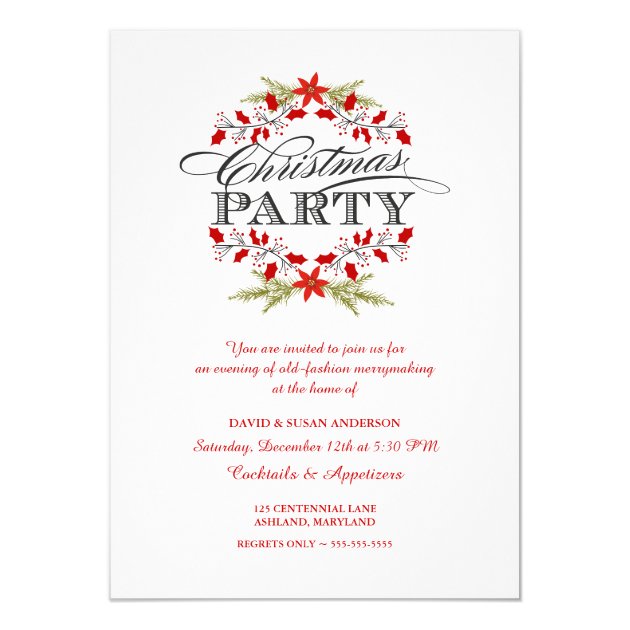 Elegant Holly Wreath Christmas Party Invitations (front side)