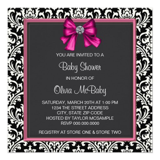 Elegant Hot Pink Black Damask Princess Baby Shower Invite