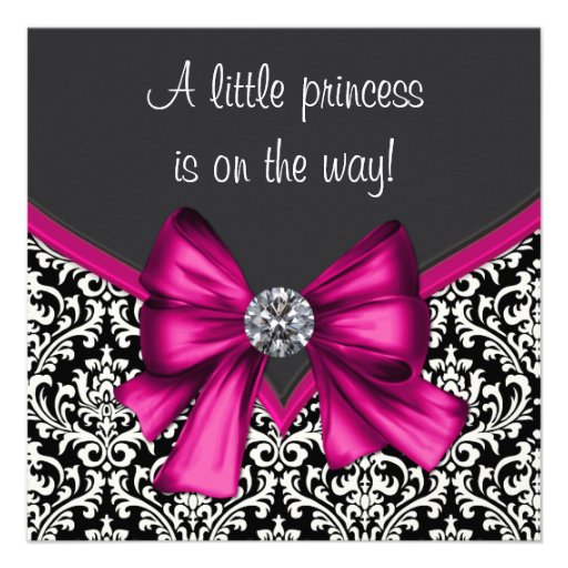 Elegant Hot Pink Black Damask Princess Baby Shower Personalized Invites