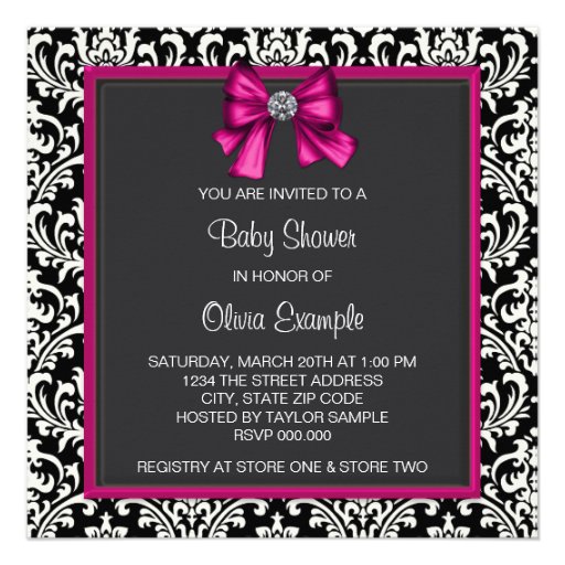 Elegant Hot Pink Black Damask Princess Baby Shower Personalized Invites