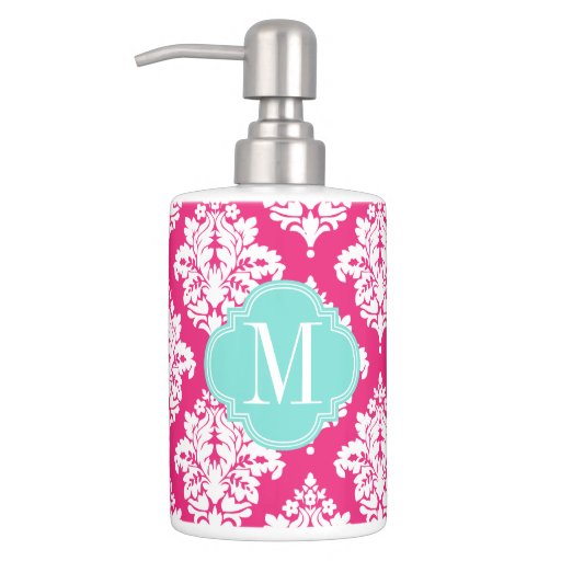 Elegant Hot Pink Damask Personalized Soap Dispenser And Toothbrush