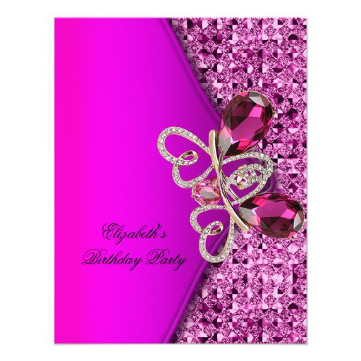 Elegant Hot Pink Glitter Jewel Birthday Party Announcement