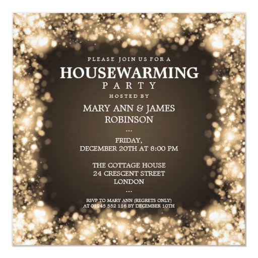Elegant Housewarming Party Gold Sparkling Lights Custom Announcement (front side)