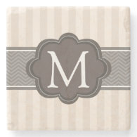 Elegant Ivory Beige Stripes Brown Custom Monogram Stone Beverage Coaster