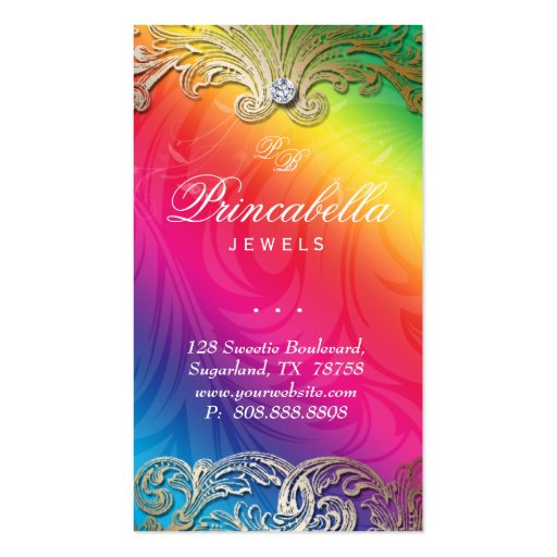 Elegant Jewelry Business Card Leaves Rainbow (front side)