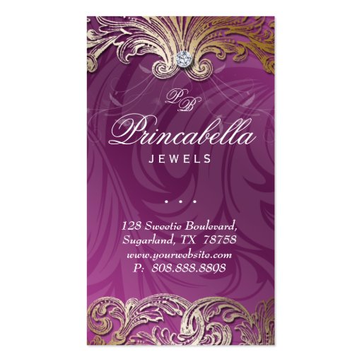 Elegant Jewelry Business Card Leaves Violet Gold (front side)