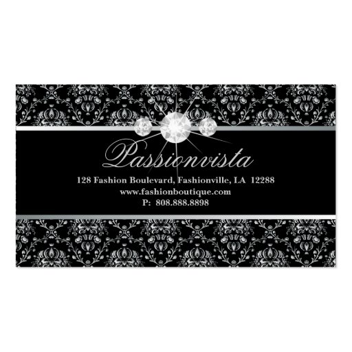 Elegant Jewelry Diamonds Silver Black Damask Business Card Template (front side)