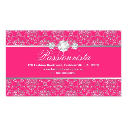 Elegant Jewelry Diamonds Silver Pink Damask Business Card Template (front side)