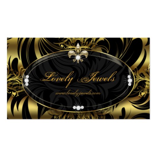 Elegant Jewelry Fashion Fleur de lis Black Gold Business Card Template (front side)