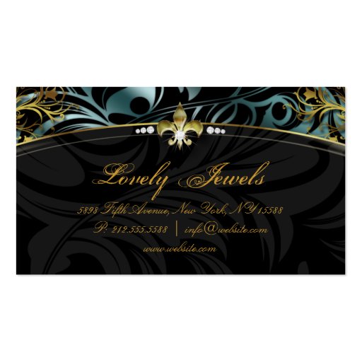Elegant Jewelry Fashion Fleur de lis Gold Teal Business Card (back side)