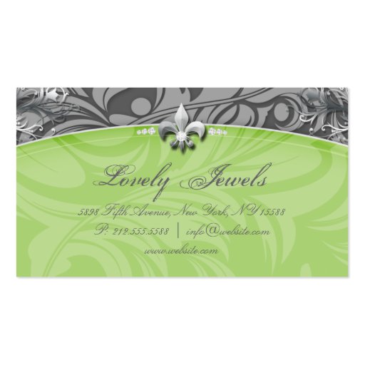 Elegant Jewelry Fashion Fleur de lis Green Gray Business Card Templates (back side)