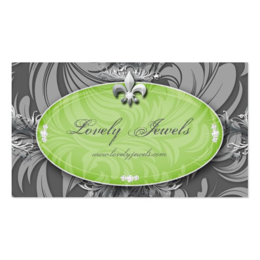 Elegant Jewelry Fashion Fleur de lis Green Gray Business Card Templates (front side)