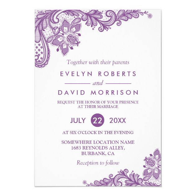 Elegant Lace Lavender Purple White Formal Wedding Card (front side)