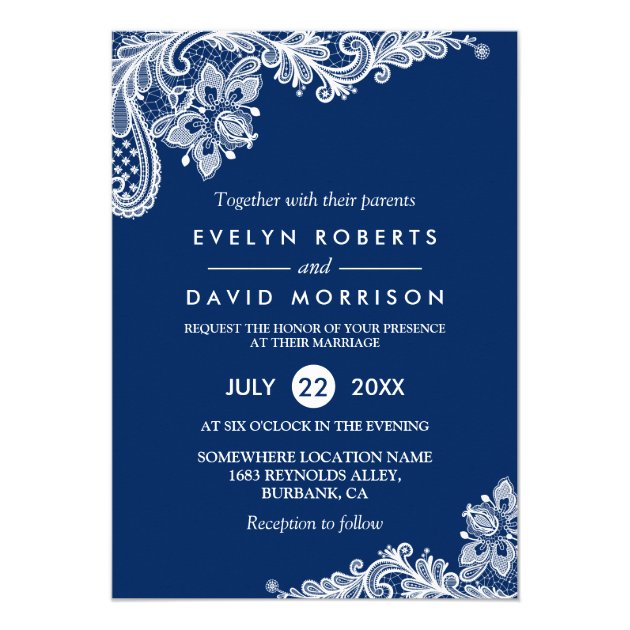 Elegant Lace Navy Blue White Formal Wedding Card (front side)