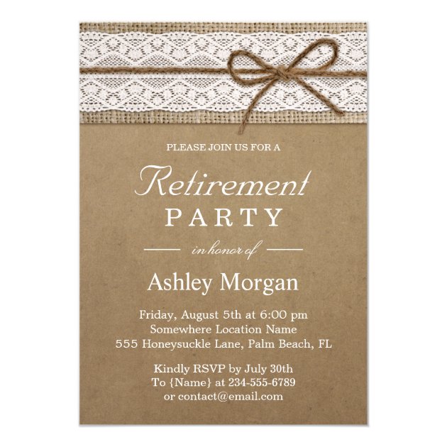 Elegant Lace Rustic Burlap String Retirement Party Card (front side)