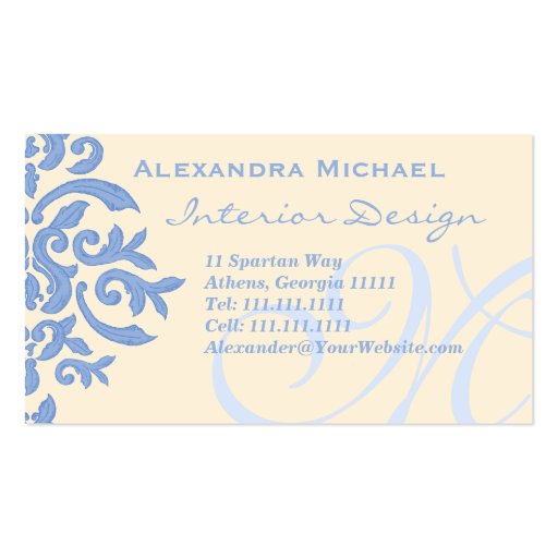Elegant Lady Designer's Blue and Cream Business Cards (front side)