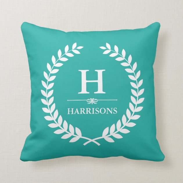 Elegant Laurel Wreath Decor Teal Green Monogram Throw Pillow