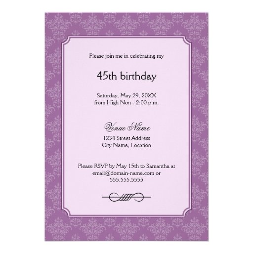 Elegant Lavender Purple Damask Birthday Tea Party Personalized Invites