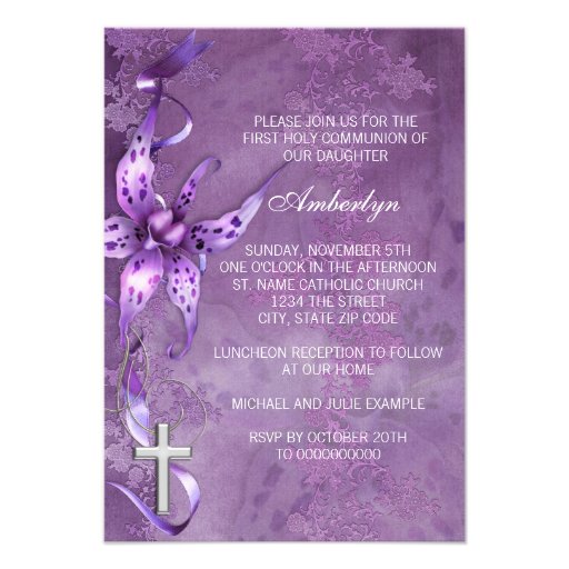 Elegant Lavender Purple First Communion Invitation (front side)
