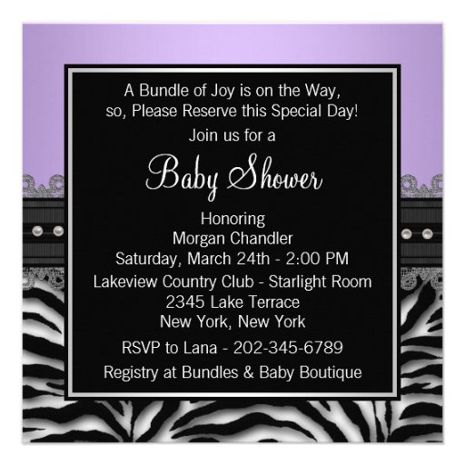 Elegant Lavender Purple Zebra Baby Shower Custom Announcement