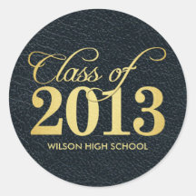 Elegant "leather"  black and gold Class of 2013 Round Stickers