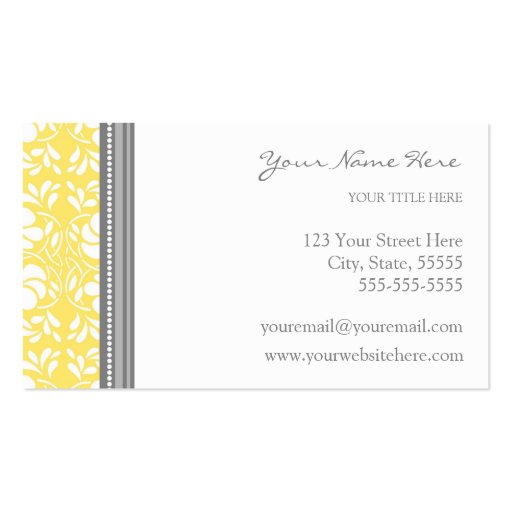 Elegant Lemon Gray Damask Business Cards (back side)