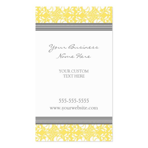 Elegant Lemon Gray Damask Business Cards (front side)