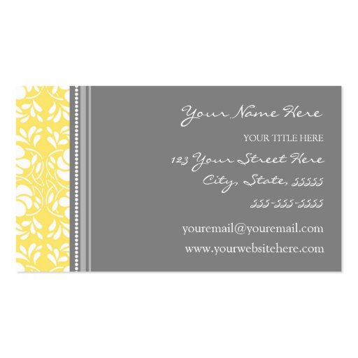 Elegant Lemon Gray Damask Business Cards (back side)