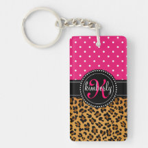 Elegant Leopard Print Pink Dots Girly Chic Custom Rectangular Acrylic Keychains