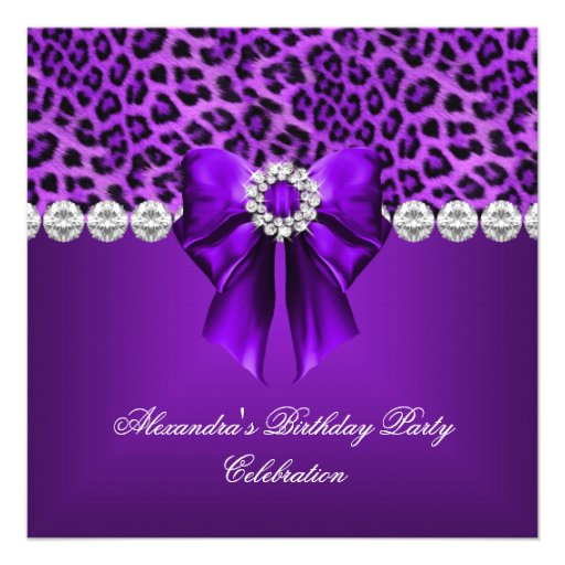 Elegant Leopard Purple Bow Diamonds Birthday Party Invitation
