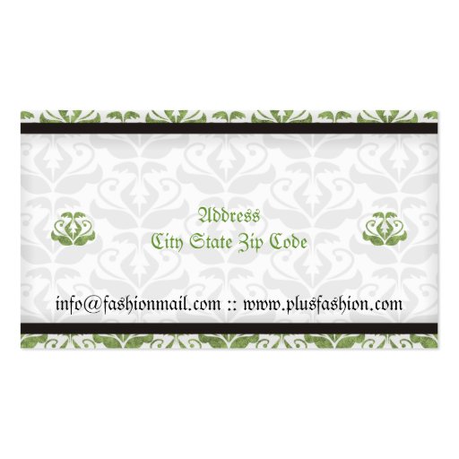 Elegant light green damask fashion business cards (back side)