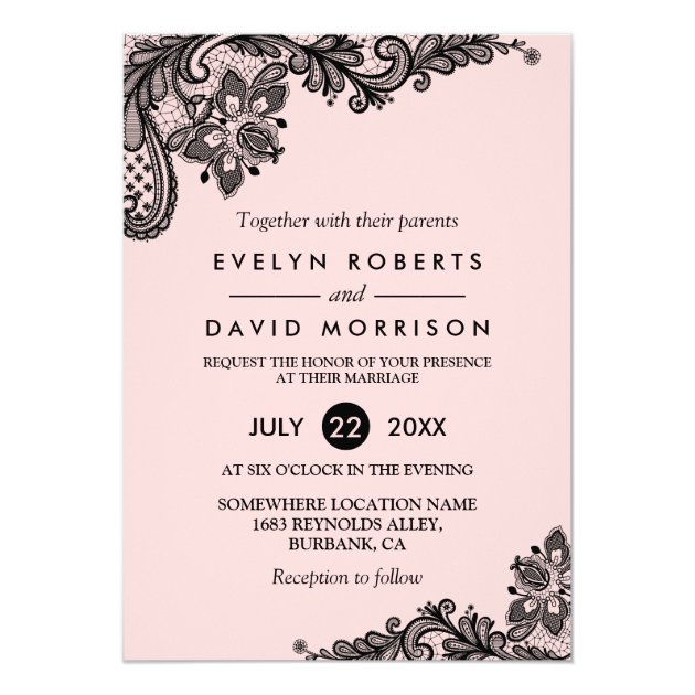 Elegant Light Pink with Black Lace Formal Wedding Card