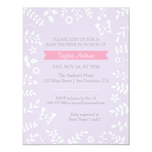 Elegant Lilac Purple Floral Butterfly Baby Shower Custom Invitation Cards