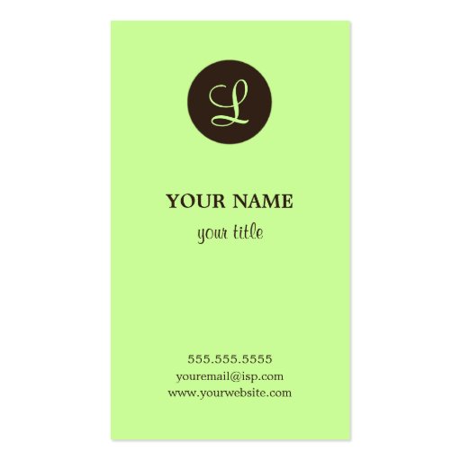 Elegant Lime & Brown Monogram Business Cards (front side)
