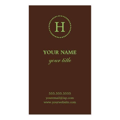 Elegant Lime & Brown Monogram Business Cards (front side)